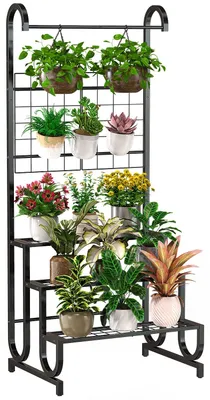 Image de Support pour plantes avec treillis, 3 niveaux, étagère à fleurs/support pour plantes en métal, échelle à fleurs robuste pour l'intérieur et l'extérieur, noir