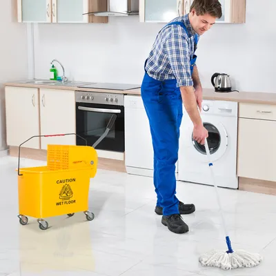 Produktbild von Putzeimer mit Auswringer, Mopp-Eimer, Wischmopp-Eimer auf Rädern, Kunststoff, Gelb | 60 x 27 x 70,5 cm | 20 L | 2-Kammer-System