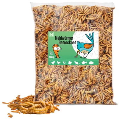 Produktbild von Mersjo Premium Mehlwürmer getrocknet 460g 3L Vielfältige Leckereien für Tiere: Insekten als Snack für Vögel, Fische, Schildkröten, Nager, Igel, Reptilien