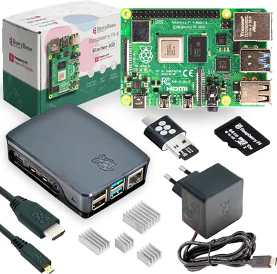 Produktbild von Raspberry Pi 4 Starterkit, 64GB microSDHC inkl. Pi OS, Gehäuse, Netzteil, HDMI-Kabel und Zubehör - RAM: 8GB - Farbe: schwarz