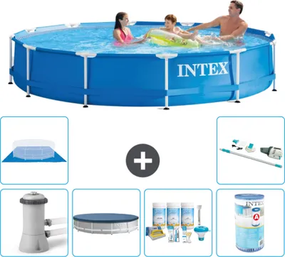 Immagine prodotto di Piscina Intex con struttura rotonda - 366 x 76 cm - blu - inclusa copertura della pompa - pacchetto di manutenzione - filtro - telo di fondo - aspirapolvere