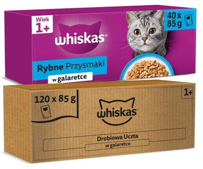 Zdjęcie produktu dla Whiskas Adult 160x85g Mokra Karma Dla Dorosłego Kota Drobiowa Uczta Rybne Przysmaki w Galaretce