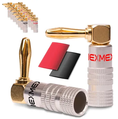 Produktbild von NEXMEX Winkel Bananenstecker 24K vergoldet 16x Schrumpfschlauch Steckverbinder
