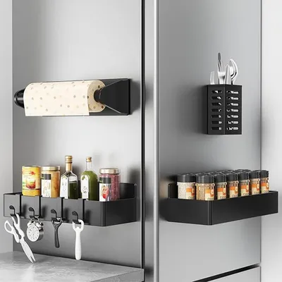 Produktbild von PolkaHome® Magnetisches Gewürzregal für Kühlschrank, 4-teiliges Set mit Küchenrollenhalter und Hakenleiste, Wandregal für Küche,