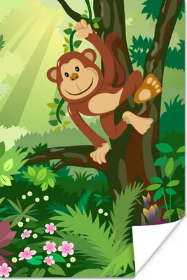 Produktbild von MuchoWow® Poster Affe - Dschungel - Jungen - Mädchen - Blumen - Kinder 120x180 cm - Kunstposter