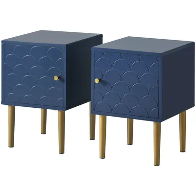 Two navy blue nightstands with a scalloped pattern and gold legs are shown against a white background.