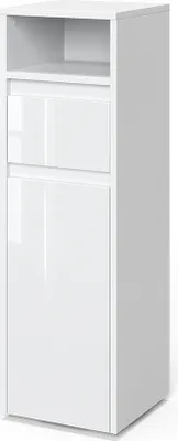 A white, high-gloss bedside cabinet with one drawer and one cabinet door, shown from a three-quarter angle against a white background.