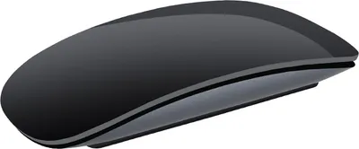 A black computer mouse on a white background.