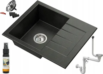 Immagine prodotto di Granitan - Lavello in granito - Lavandino 57,4x46,4 cm - Lavello cucina nero - con sifone - MILANO