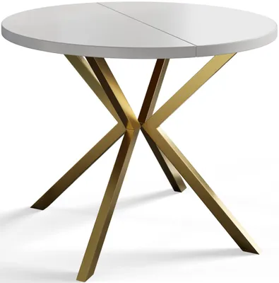 Produktbild von Alpi Moebel, Runder Esstisch Loft Liten, Modern Ausziehbarer Tisch 90-170 cm, Weiß mit Gold Metallbeinen