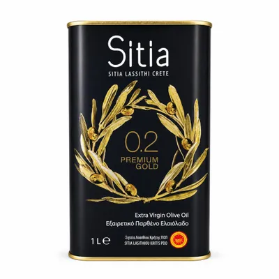 Sitia Premium Gold Olivenöl 1 L Kanister auf rein weißem Hintergrund