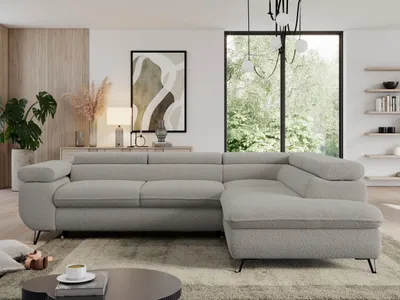 Produktbild von Couch mit Schlaffunktion, L-form Ecksofa, Wohnzimmersofa, mit Einstellbare Kopfstützen - PEDRO L - Boucle - Hellgrau - Rechts