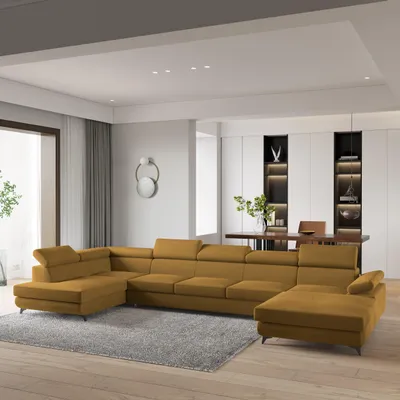 Produktbild von Masseno Ecksofa MONTIVA mit Schlaffunktion U-Form, Sofa mit Bettkasten, Wohnzimmersofa, Couch, Soffa, Bettsofa, Couchgarnitur- Gelb, MONOLITH 48