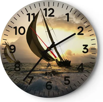 Produktbild von Wanduhr - Rund - Glasuhr - Schiff Sonnenuntergang Sonne Landschaft - 30x30cm - Schleichendes Uhrwerk - Lautlos - zum Aufhängen bereit - Dekoration Modern - Wanddekoration aus Glas - C4AR30x30-3158
