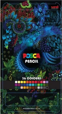 The image shows the packaging of a set of 36 POSCA colored pencils, featuring a vibrant, artistic design with floral and abstract elements.