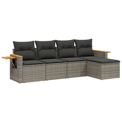 Produktbild von Modulares Garten-Sofa-Set, 5-teilig, mit abnehmbaren Kissen, Poly Rattan & Akazienholz, UV-beständig, Grau