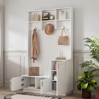 Image de OKWISH Meuble d'Entrée - Vestiaire d’Entrée avec Banc, 3 Patères et 3 Portes, 3 Rangements Ouverts, MDF et Métal, 120x40x200 cm - Blanc