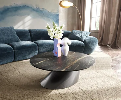 Produktbild von DELIFE Couchtisch Edge Rund 90x90 cm Keramik Laminam® Noir Desir Braun Conis Metallic Silber