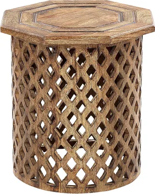 A wooden side table with an octagonal top and a carved diamond pattern on its cylindrical base, presented against a white background.