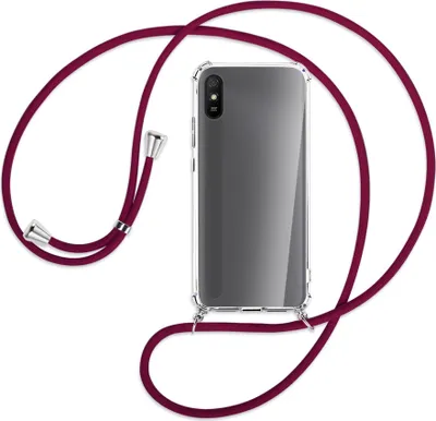 Produktbild von Handykette Backcover-Schutzhülle mit Band (Metall silberfarben) für Xiaomi Redmi 9A - dunkelrot