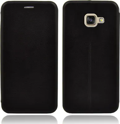 A black flip case for a smartphone is shown from the front and back.