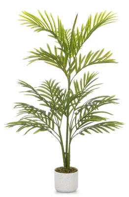 Obrázek produktu pro Umělá palma – dekorativní umělá rostlina v květináči – pokojová rostlina vysoká 110 cm – realistické listy a stonky – pro použití v interiéru – zelená