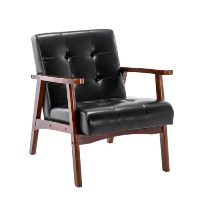 Image de HomeMiYN Chaise vintage en bois, simili cuir et chêne, idéale pour le salon et la chambre à coucher – Noir