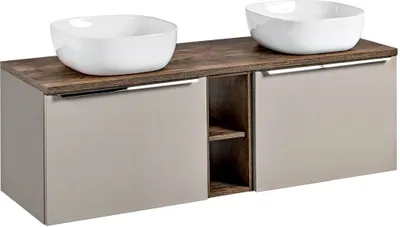 Produktbild von Waschtischunterschrank Set 140cm in taupe mit Vintage Eiche PUEBLA-56-TAUPE 2 Keramikbecken, 2 Softclose-Schubkästen, Regal, B/H/T 140,4/62,5/46 cm