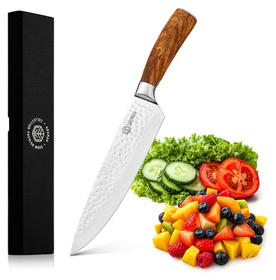 Chefmesser 33 cm, Olivenholzgriff, geschmiedet & gehämmert