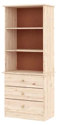 Produktbild von Bücherregal mit Schubladen, Standregal mit 3 Fächern und 3 Schubladen, Bücherschrank für Wohnzimmer und Büro, Massivholz Kiefer