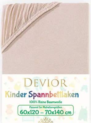 Produktbild von Devior Jersey Kinder Spannbettlaken 60x120 - 70x140 cm beige Bettlaken 100% Baumwolle bis 12cm Matratzenhöhe Gummizug