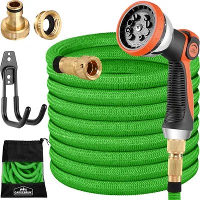 Produktbild von GARDEBRUK® Flexibler Gartenschlauch 15m 3fach Latexkern Vollmessing Adapter 1/2" 3/4" Zoll Wandhalterung Tasche Flexschlauch Wasserschlauch Grün