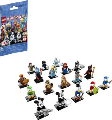 A collection of LEGO Disney minifigures arranged on a white background, with a product packaging bag in the upper left corner.