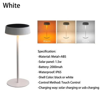 Produktbild von LED-Tischlampe mit Solar- und USB-Ladung, Touch-Steuerung, 3 Lichtfarben, IP65 – Weiß