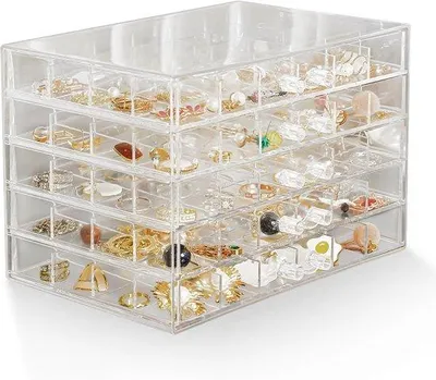 Produktbild von Transparent Schmuckkiste mit 5 Schubladen und Ohrring-Display - 120 kleine Fächer für den Aufbewahrung von Armbändern, Ringen und Schaukästen