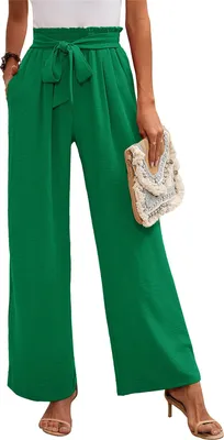 Image de ASKSA Pantalon femme jambes larges Taille haute Pantalon décontracté léger avec poches, Vert, Taille : XL