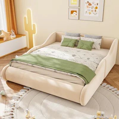 Produktbild von Flieks Kinderbett 140x200cm mit Rausfallschutz, Polsterbett Bodenbett mit Lattenrost & Kopfteil, Gepolstertes Doppelbett Holzbett mit Samtbezug, Beige