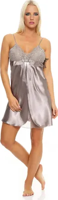 Immagine prodotto di Camicia da notte corta in raso da donna, lingerie sexy con pizzo; Taupe/S