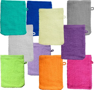 Produktbild von Waschhandschuh Frottee, 10 Stück (5x2versch.Farben sortiert), ca. 15x21cm, 100% Baumwolle, uni, einfarbig, Walk Frottier, Waschlappen