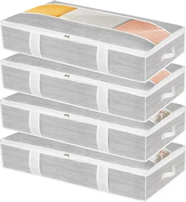 Produktbild von Unyqoos® Unterbett-Aufbewahrungsbox 4er-Set aus Vliesstoff, faltbar mit Sichtfenster, 100×50×17 cm, 85 L, für Decken, Kleidung, Kissen