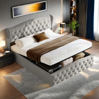 Obrázek produktu pro Šedá sametová postel 140x200 cm s ozdobnými cvočky a zvlněným vzorem, Manželská postel s roštem a úložným prostorem
