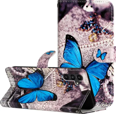 Produktbild von CLM-Tech Hülle kompatibel mit Samsung Galaxy A34 5G - Tasche aus Kunstleder - Klapphülle mit Ständer und Kartenfächern, blauer Schmetterling