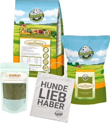 Produktbild von Bellfor Futterset für mittelgroße Hunde mit Verdauungsproblemen - Landgut-Schmaus 2,5 kg + Landgut-Happen 200g + Shiimun Gastro 50g + 1 Jutebeutel 2,750.00 g