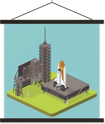 Produktbild von MuchoWow® Textilposter Eine Illustration eines Space Shuttle-Starts 120x120 cm mit schwarzem Rahmen - Aufhängungsset