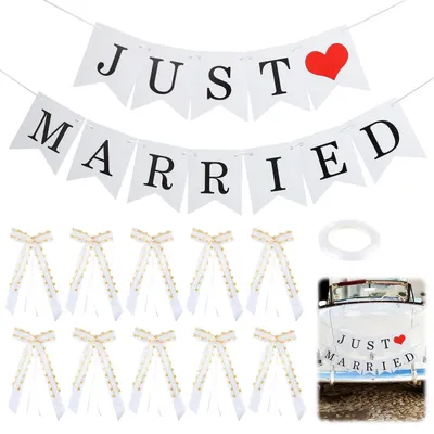 Produktbild von Just Married Girlande mit 10 Autoschleifen, Hochzeitsdeko Herzform, Polyester/Papier