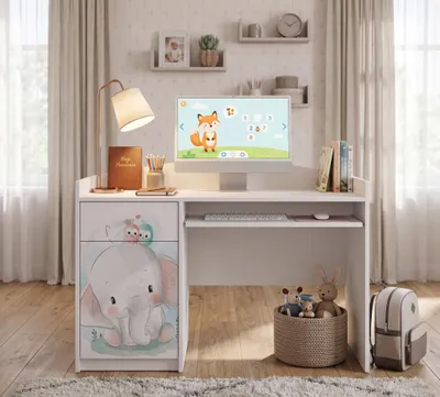 Produktbild von Happy Babies Schülerschreibtisch Weiß für Kinder, Jugendschreibtisch 125x60cm mit Schubladen, Hausaufgabentisch Bedruckt Mädchen Jungen