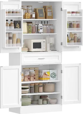 Produktbild von Buffetschrank, Küchenschrank mit 6-stufigem Türrückseiten-Regalsystem, Sideboard mit 4 Türen und 1 Großer Schublade, Modern Stil, Küche, Wohnzimmer, 40 x 80 x 180 cm, Weiß PT21003X