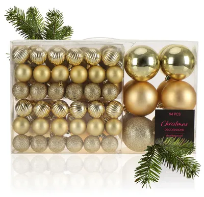 94-teiliges Christbaumkugeln-Set, glänzend/matt, Gold, Kunststoff