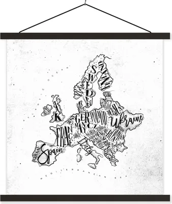 Produktbild von MuchoWow® Textilposter Karte - Europa - Schwarz - Weiß 90x90 cm mit schwarzem Rahmen - Magnetisches
