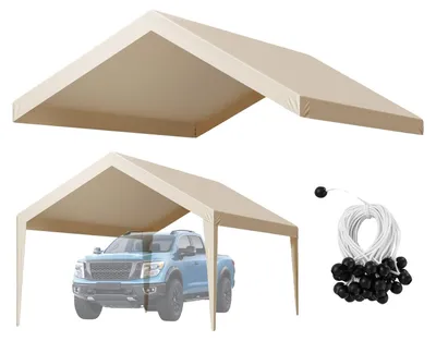 Image de Toit de remplacement pour carport VEVOR, 3,65x6,09 m, bâche de tente de garage portable, bâche d'abri de voiture résistante aux UV, couverture de carport avec filets pare-ballons, beige, cadre non compris dans la livraison